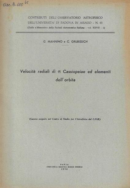 Velocità radiali di Cassiopeiae ed elementi dell'orbita - copertina