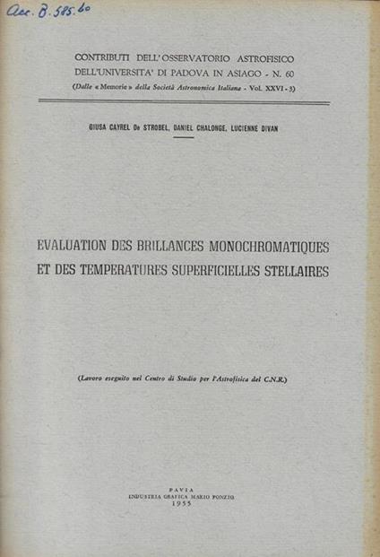 Evaluation des brillances monochromatiques et des temperatures superficielles stellaires - copertina