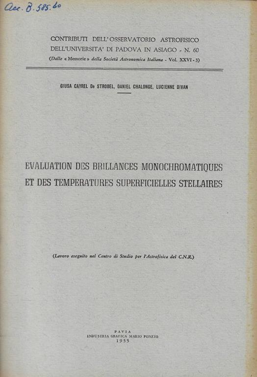 Evaluation des brillances monochromatiques et des temperatures superficielles stellaires - copertina