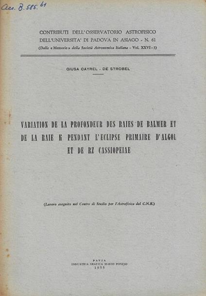 Variations de la profondeur des raies de Balmer et de la Raie K pendant l'eclipse primaire d'Algol et de RZ Cassiopeiae - copertina