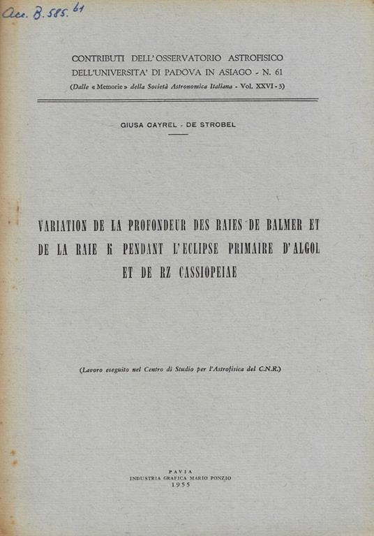 Variations de la profondeur des raies de Balmer et de la Raie K pendant l'eclipse primaire d'Algol et de RZ Cassiopeiae - copertina