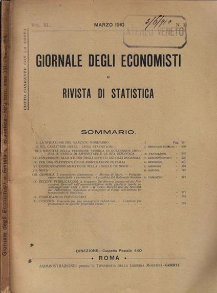 Giornale degli economisti e rivista di statistica anno 1910 Vol. XL N. 3 - copertina