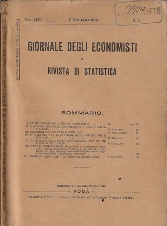 Giornale degli economisti e rivista di statistica anno 1912 Vol. XLIV N. 2 - copertina