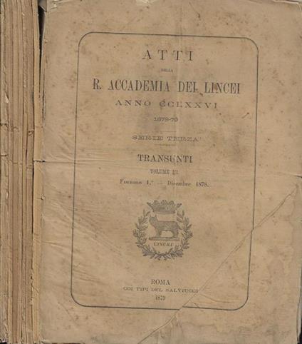 Atti della R. Accademia dei Lincei Anno CCLXXVI 1878-79- Transunti - copertina