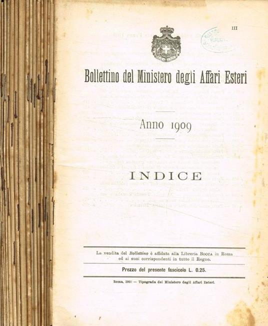 Bollettino del ministero degli affari esteri 1909 - copertina