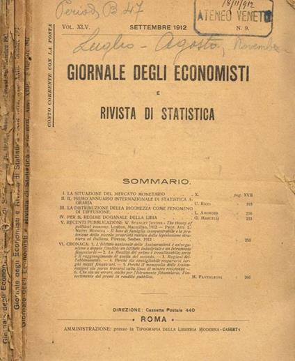 Giornale degli economisti e rivista di statistica. Vol.XLV, fasc.9, 10, 11/12, anno 1912 - copertina