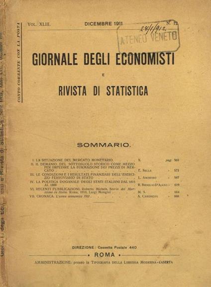 Giornale degli economisti e rivista di statistica. Vol.XLIII, fasc.12, anno 1911 - copertina