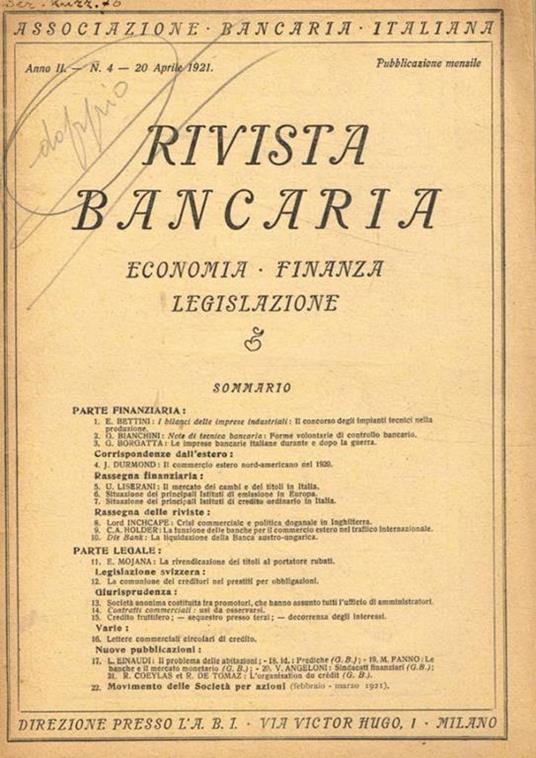 Rivista bancaria. Economia, finanza, legislazione. Anno II, fasc. 4, aprile 1921 - copertina