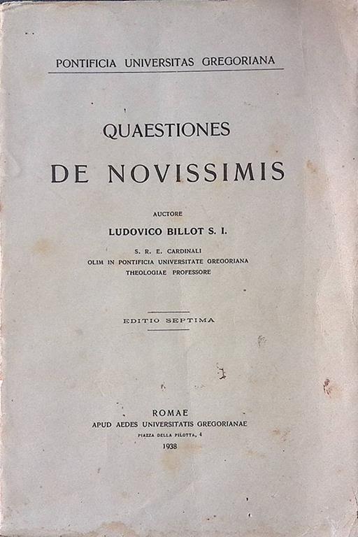 Quaestiones de Novissimis - Ludovico Billot - copertina