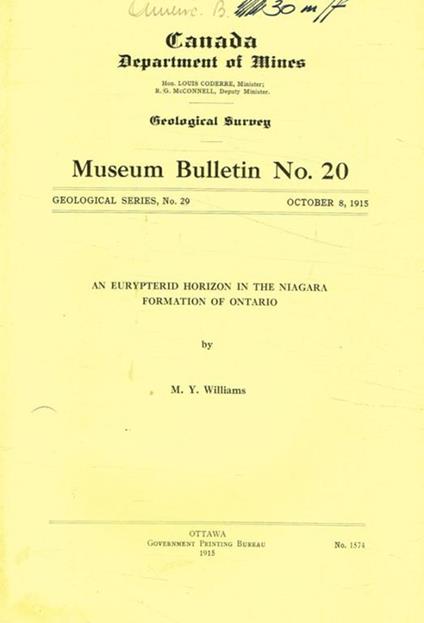 Canada department of mines. An eurypterid horizon in the niagara formation of ontario - M. Williams - copertina