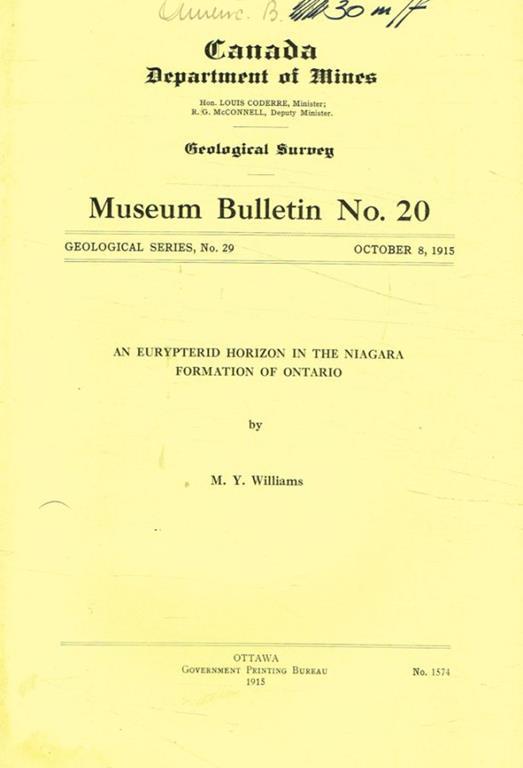 Canada department of mines. An eurypterid horizon in the niagara formation of ontario - M. Williams - copertina