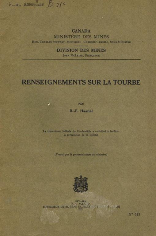 Renseignements sur la tourbe B.-F. Haanel - copertina