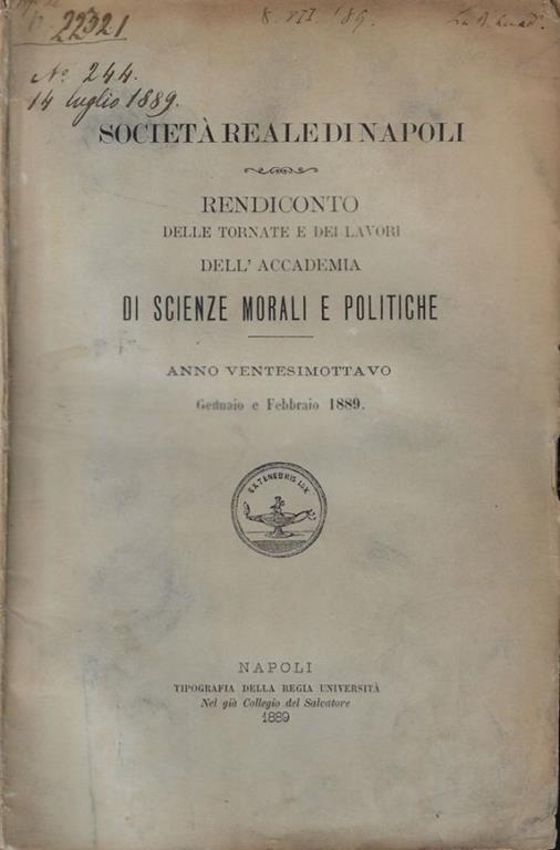 Rendiconto delle tornate e dei lavori dell'Accademia di Scienze Morali e Politiche, Anno XXVIII- quaderno di Gennaio- Febbraio, Marzo-Aprile - copertina