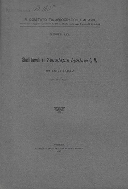 Stadi larvali di Paralepis hyaliana C.V - Luigi Santo - copertina