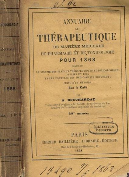 Annuaire de therapeutique de matiere medicale de pharmacie et de toxicologie pour 1868 A.Bouchardat - copertina