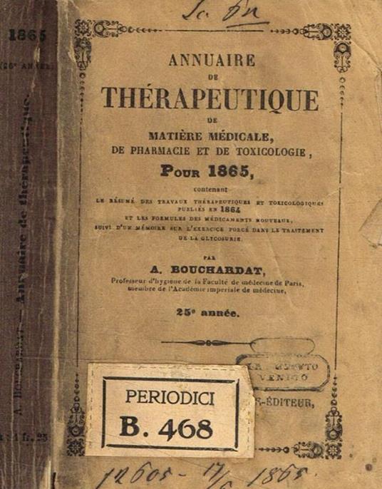 Annuaire de therapeutique de matiere medicale de pharmacie et de toxicologie pour 1865 A.Bouchardat - copertina