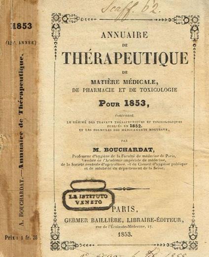 Annuaire de therapeutique de matiere medicale de pharmacie et de toxicologie pour 1853 M.Bouchardat - copertina