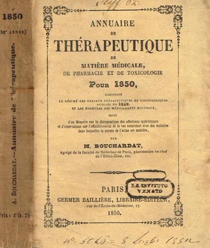 Annuaire de therapeutique de matiere medicale de pharmacie et de toxicologie pour 1850 M.Bouchardat - copertina