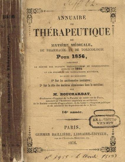 Annuaire de therapeutique de matiere medicale de pharmacie et de toxicologie pour 1856 M.Bouchardat - copertina