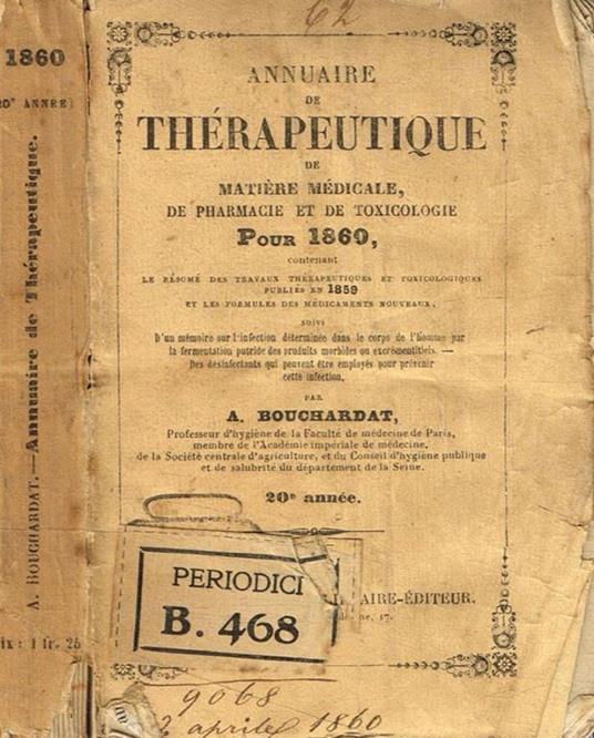 Annuaire de therapeutique de matiere medicale de pharmacie et de toxicologie pour 1860 A.Bouchardat - copertina