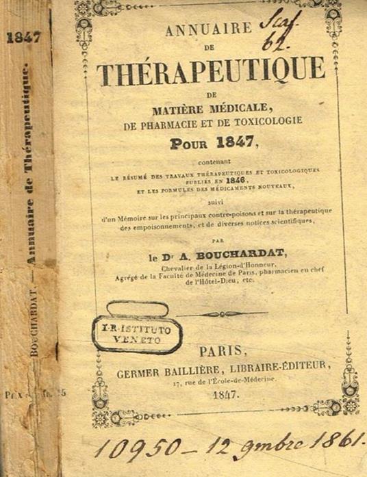 Annuaire de therapeutique de matiere medicale de pharmacie et de toxicologie pour 1847 Dr.A.Bouchardat - copertina