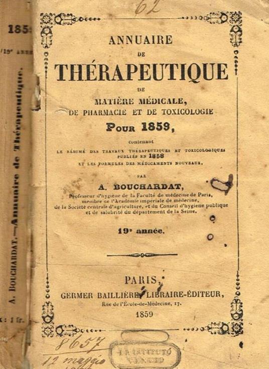 Annuaire de therapeutique de matiere medicale de pharmacie et de toxicologie pour 1859 A.Bouchardat - copertina