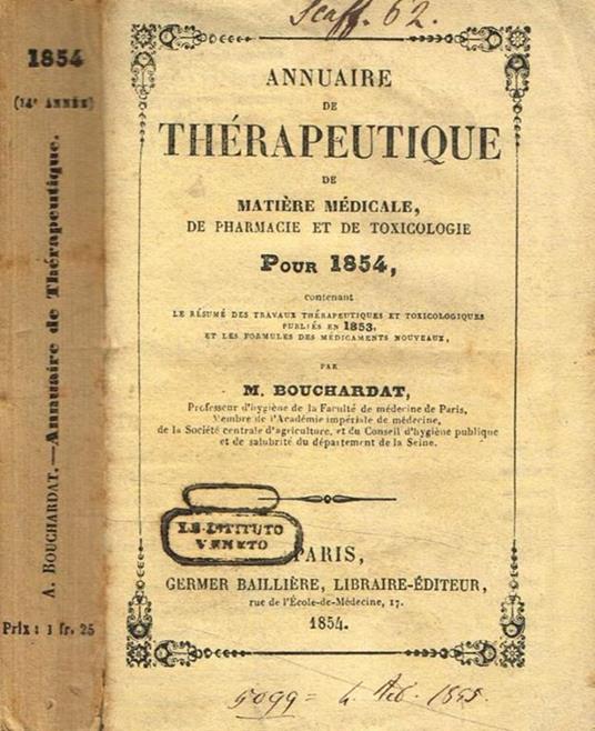 Annuaire de therapeutique de matiere medicale de pharmacie et de toxicologie pour 1854 M.Bouchardat - copertina