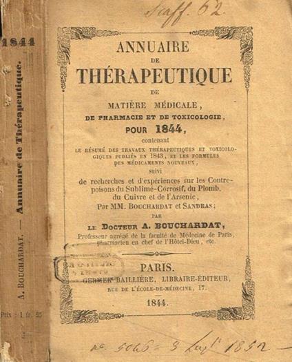 Annuaire de therapeutique de matiere medicale de pharmacie et de toxicologie pour 1844 Docteur A. Bouchardat - copertina