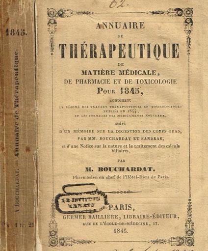 Annuaire de therapeutique de matiere medicale de pharmacie et de toxicologie pour 1845 M.Bouchardat - copertina