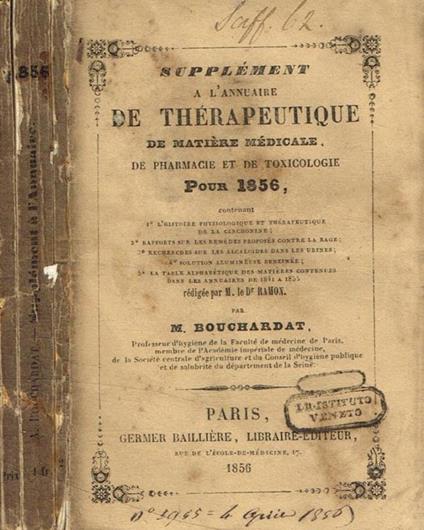 Supplement a l'annuaire de therapeutique de matiere medicale de pharmacie de toxicologie pour1856 M.Bouchardat - copertina