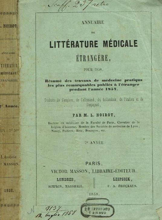 Annuaire de litterature medicale etrangere pour 1858 M.L. Noirot - copertina