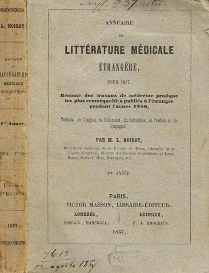 Annuaire de litterature medicale etrangere pour 1857 M.L. Noirot - copertina
