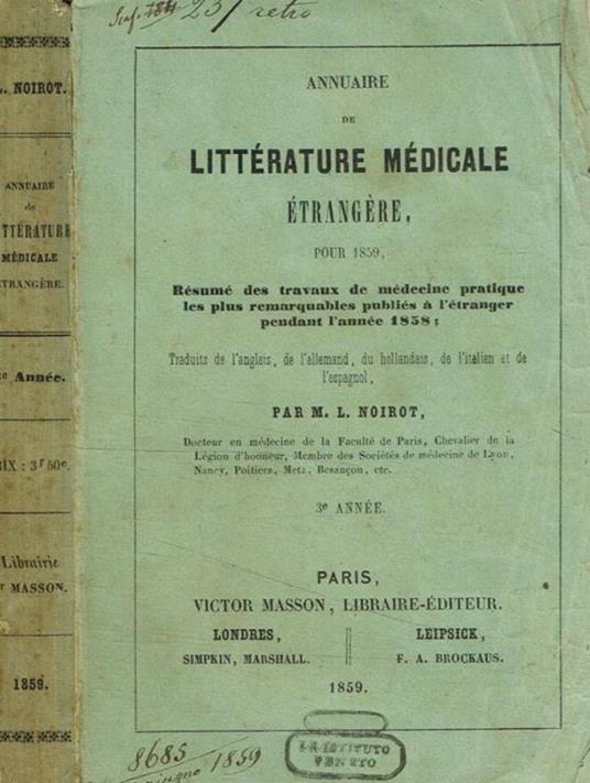 Annuaire de litterature medicale etrangere pour 1859 M.L. Noirot - copertina