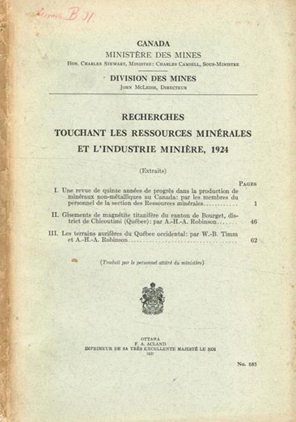 Recherches touchant les ressources minerales et l'industrie miniere, 1924 Canada ministere des mines - copertina