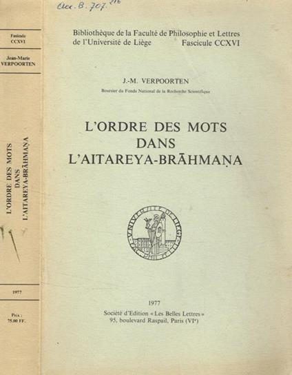 L' ordre des mots dans l'aitareya-brahmana J.-M.Verpoorten - copertina