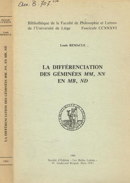 La differenciation des géminées MM, NN, EN MB, ND Louis Remacle - copertina