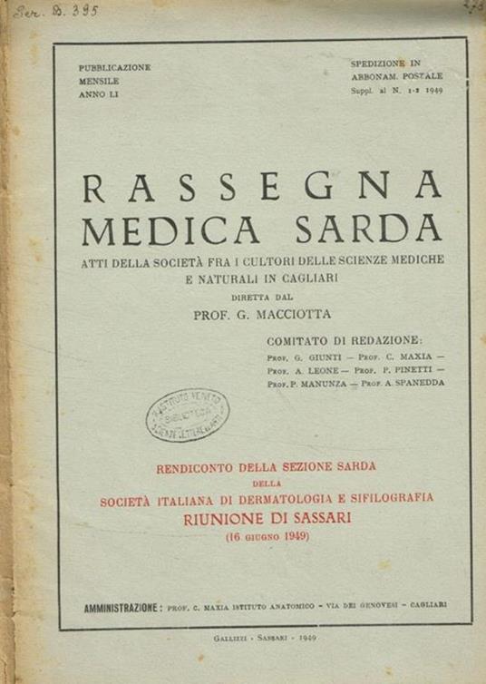 Rassegna medica sarda. Atti della società fra i cultori delle scienze mediche e naturali in Cagliari. Anno LI, suppl.al n.1-2, 1949 - copertina