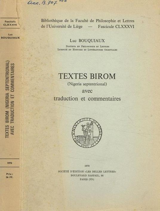 Textes birom (nigeria septentrional) avec traduction et commentaires Luc Bouquiaux - copertina