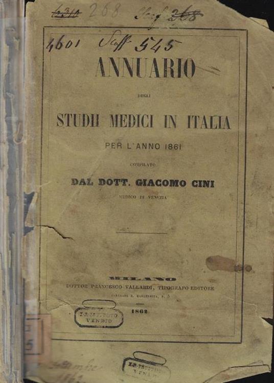 Annuario degli Studii Medici in Italia per l'anno 1861 - Giacomo Carini - copertina