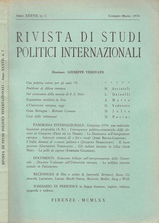 Rivista di studi politici internazionali Anno XXXVII, n.1 1970 Giuseppe Vedovato, direttore - copertina