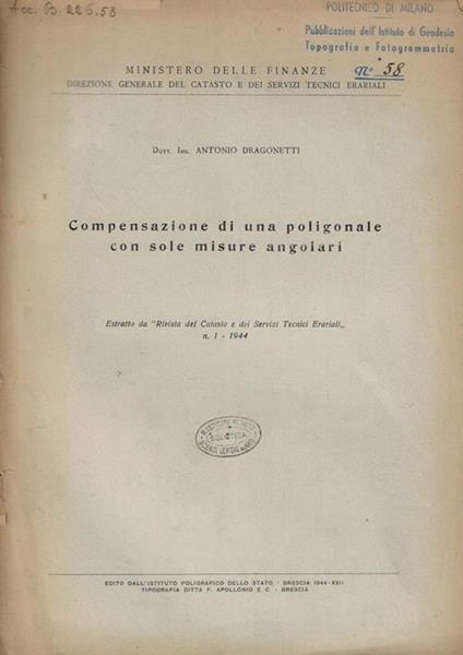 Compensazione di una poligonale con sole misure angolari - Antonio Dragonetti - copertina