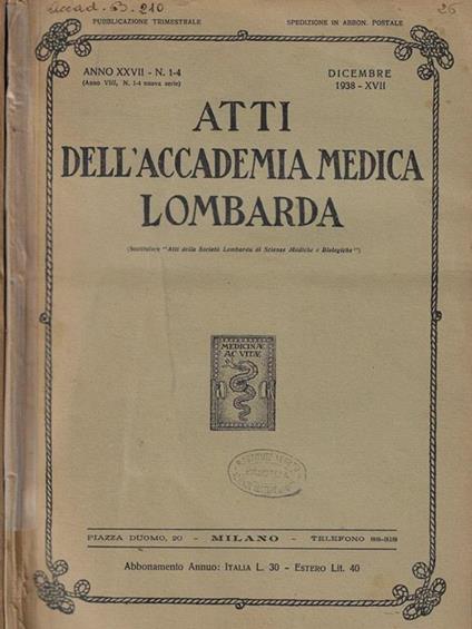 Atti dell'Accademia Medica Lombarda Anno 1938 + Supplemento - copertina