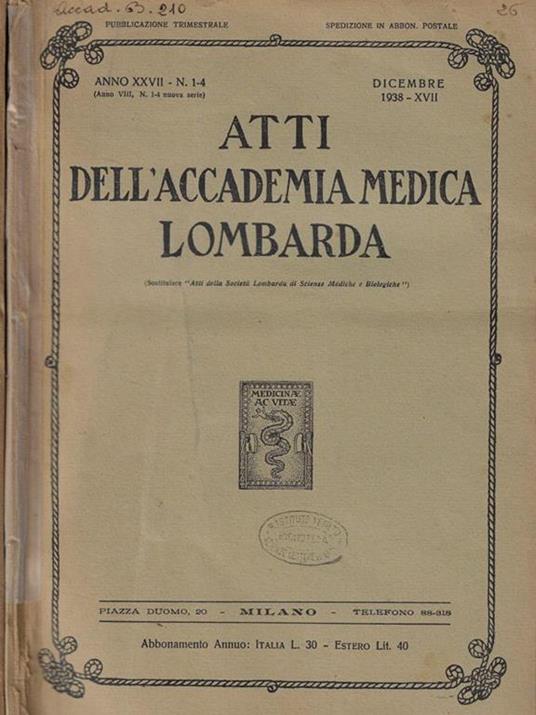 Atti dell'Accademia Medica Lombarda Anno 1938 + Supplemento - copertina