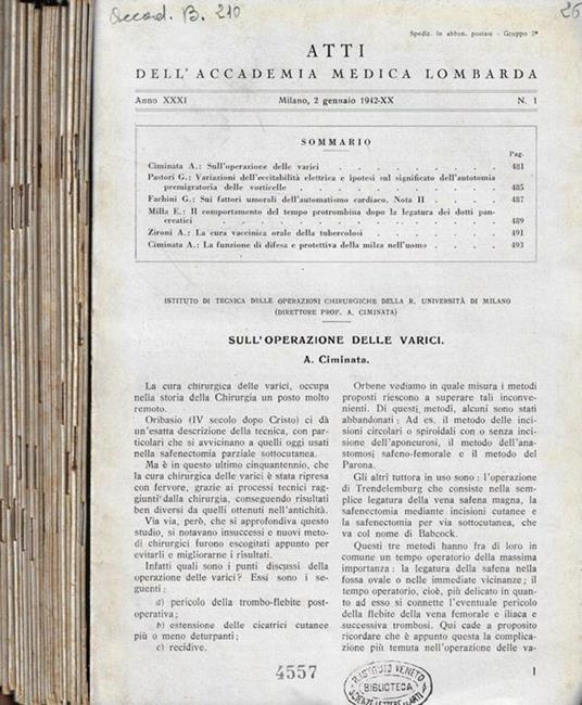 Atti dell'Accademia Medica Lombarda Anno 1942 dal n. 1 al n. 15- 17-18-19 - copertina