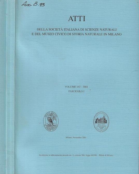 Atti della Società Italiana di Scienze Naturali e del Museo Civico di Storia Naturale in Milano Vol. 142-2001 Fasc. I-II - copertina