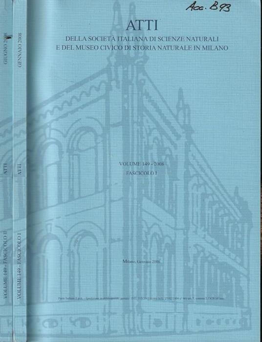 Atti della Società Italiana di Scienze Naturali e del Museo Civico di Storia Naturale in Milano Vol. 149-2008 Fasc. I-II - copertina