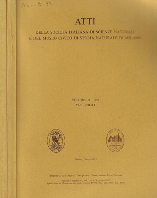 Atti della Società Italiana di Scienze Naturali e del Museo Civico di Storia Naturale in Milano Vol. 134-1993 Fasc. I-II - copertina