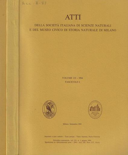 Atti della Società Italiana di Scienze Naturali e del Museo Civico di Storia Naturale in Milano Vol. 135-1994 Fasc. I-II - copertina