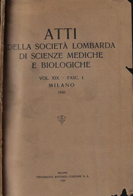 Atti della Società Lombarda di Scienze Mediche e Biologiche Anno 1930 fasc. I - copertina