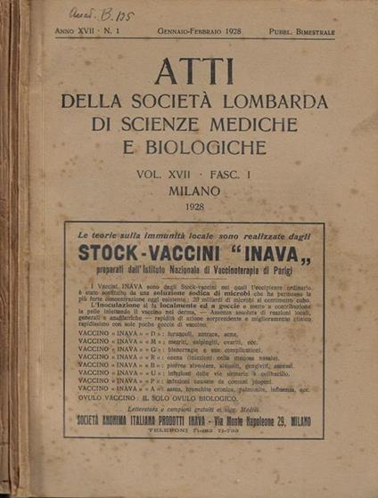 Atti della Società Lombarda di Scienze Mediche e Biologiche Anno 1928 Vol. XVII Fasc. 1-2-3 - copertina